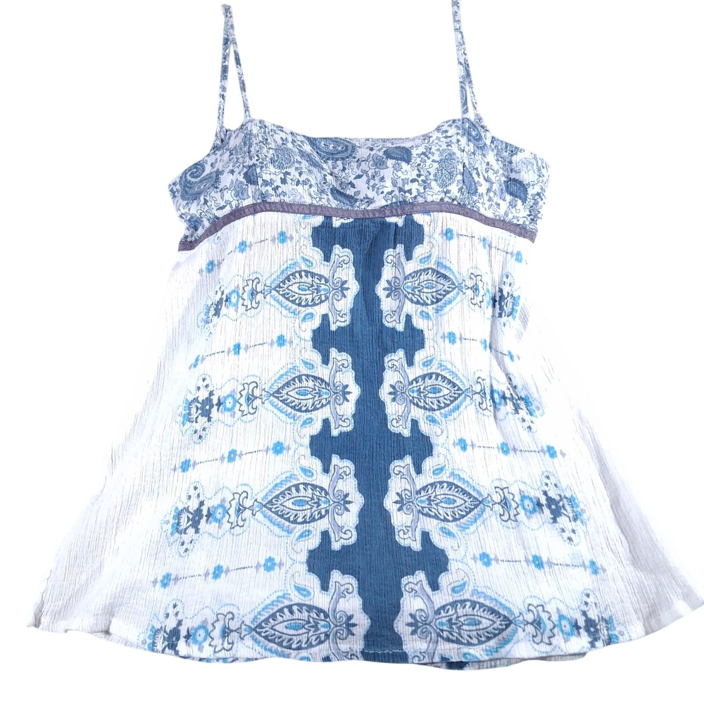 Blue White Paisley Floral Crinkle Gauze Empire Waist Cami Top Bohemian Womens XS